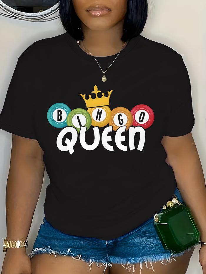 Camiseta de Mujer Talla Grande "Bingo Queen", Cuello Redondo Casual, Manga Corta, Tejido Elastico, E