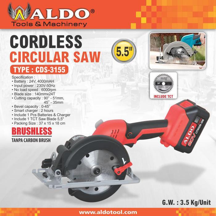 CORDLESS CIRCULAR SAW CDS-3155 / MESIN GERGAJI KAYU BATERAI MERK ALDO