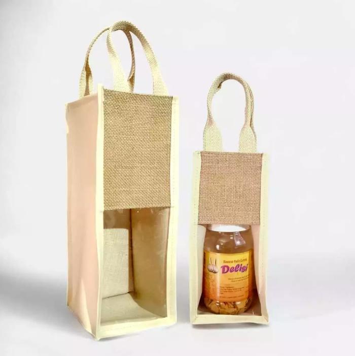 Tas Botol Tumblr Bahan Goni - Jute Bottle Bag 1 & 2 Liter - Tas Goni Mika Kombinasi Sintetis Waterpr
