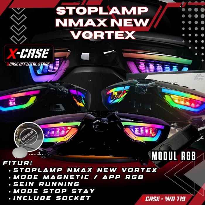 X-Case Lampu Stoplamp Nmax New Vortex RGB Running Magnet Control Aplikasi Android Ios Connect WD 119