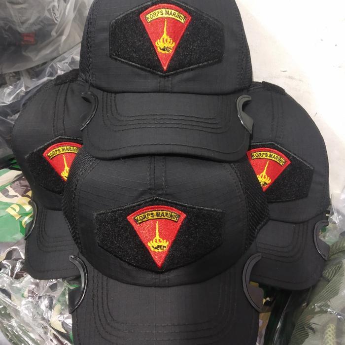 Topi Hitam kain jaring motif Cowak logo Bordil Segitiga Korps Marinir