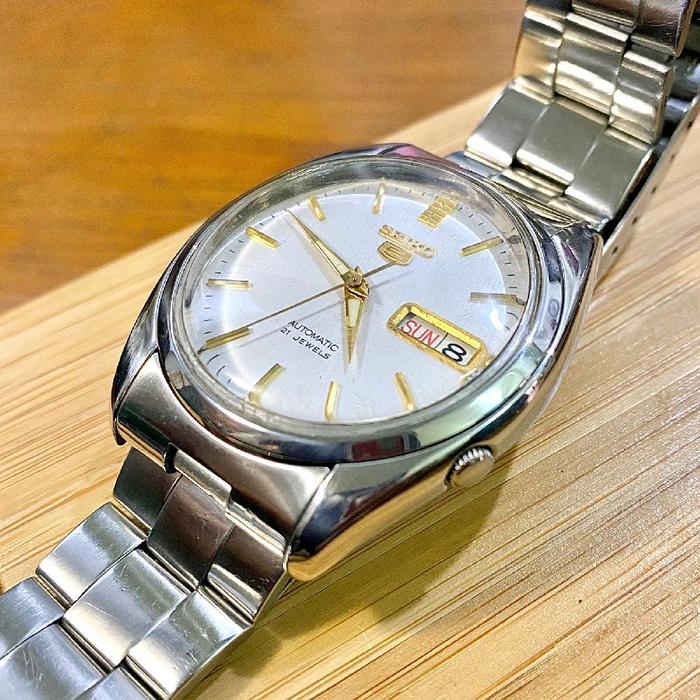 Seiko 5 Automatic Day Date White Gold Jam Tangan Vintage Watch Jadul
