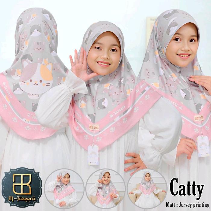 AlJazeera Hijab Anak Catty Printing Jilbab Anak Kerudung Muslim Motif Kucing Warna Pink dan Abu-abu 