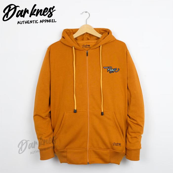 sweater cowok dan cewek terbaru 2025 warna mustard sleting premium sablon hologram simple PEACE jack