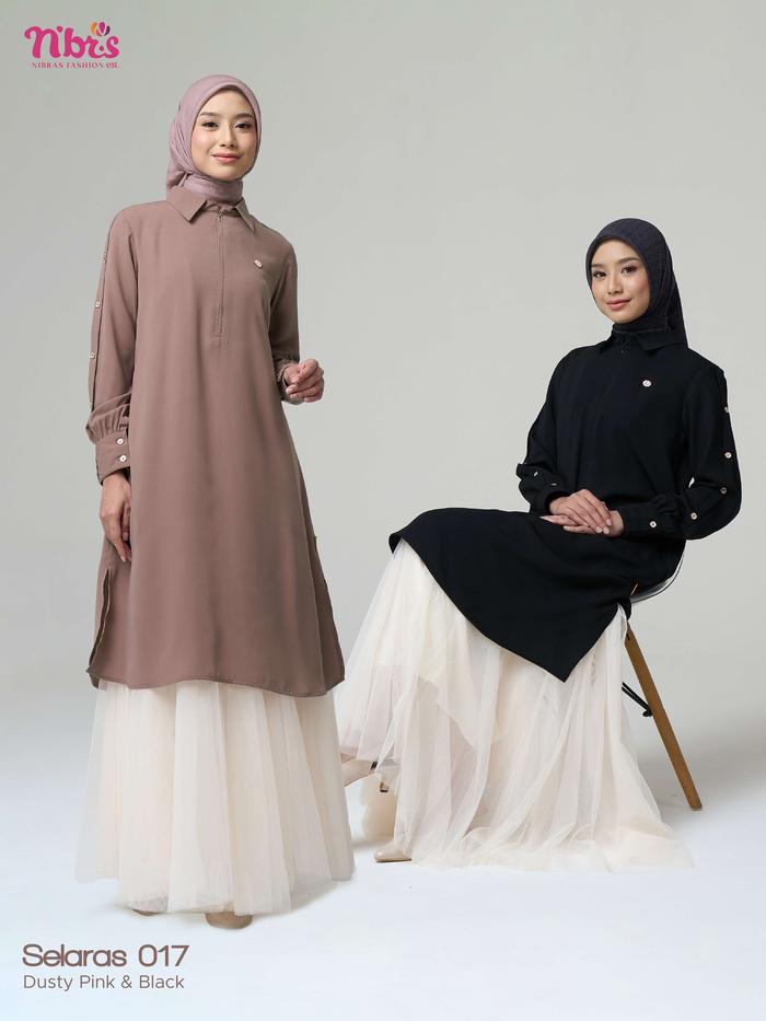 Nibras Selaras 017 Black Hitam Dusty Pink Baju Atasan Blouse Oversize Bahan Adem Polos Tunik Panjang