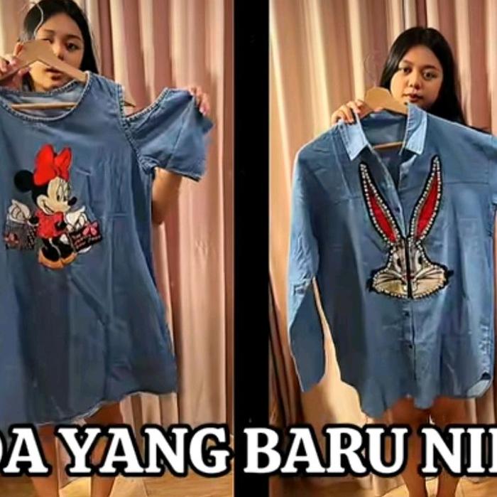 Kemeja Denim Motif Minnie Mouse & Bugs Bunny Terbaru untuk Wanita