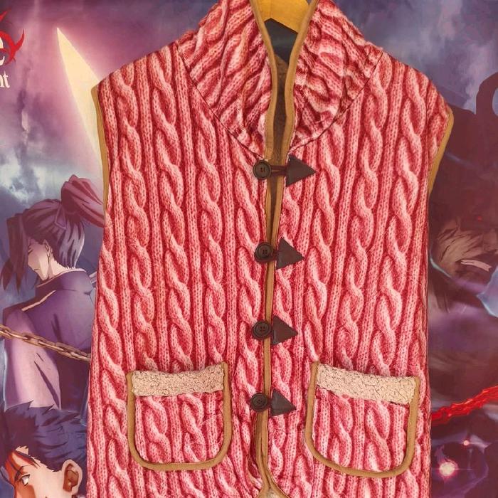 Japan Pink Printed Cable Knit Sherpa Fleece Vest Jaket Luaran Outer Rompi Original Second Japan Kore