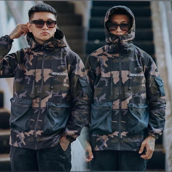 Genious Jaket Parka aplha loreng brown Nylon Cringkel Repellent Waterproof pria Parasut outdor Distr