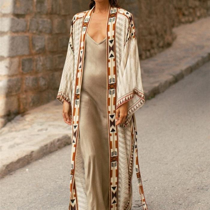 beige boho abstract long outer - Bikinibandit