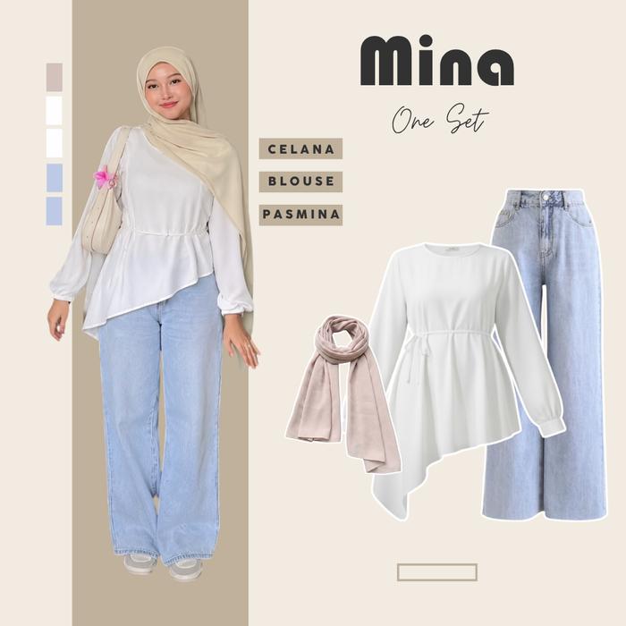One Set Setelan Elegan 3in1 (Celana+Blouse+Pashmina) Korean Style Fashion Wanita Mina_ZVL330