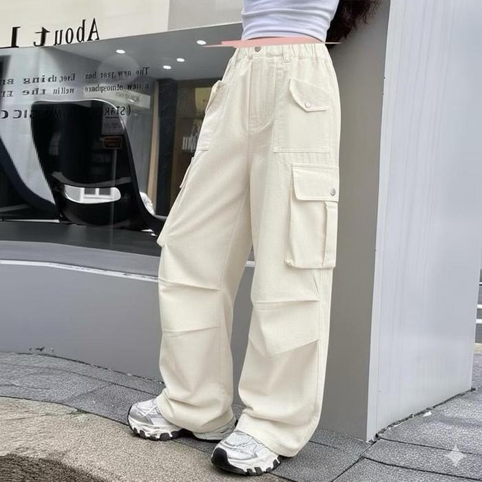 Celana Cargo Anak Perempuan Stylish Korean Streetwear Gombrong Hitam Pink Army Khaki Putih Tulang un