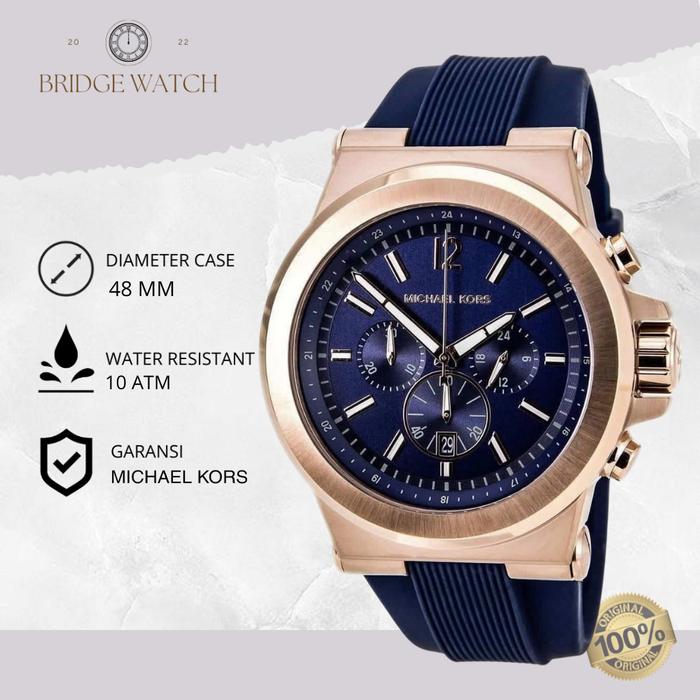 Jam Tangan Pria Michael Kors Dylan MK8295 Blue Rubber Strap Biru Dial Chronograph Sport Mewah Origin