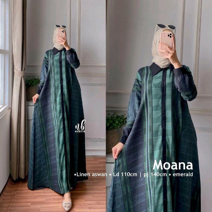 moana dress bahan linen aswan lembut halus jatuh ld 110 pb 140 kancing depan sembunyi merk nabtik