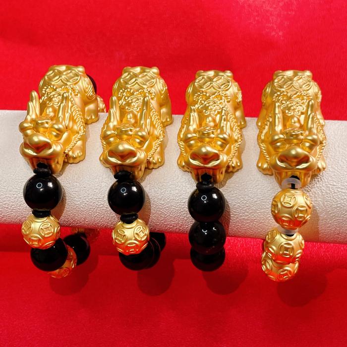PQ-009 52mmPixiu，Gelang Pixiu Obsidian Alami 14Mm, Gaya Pasangan Uniseks, Gelang Pengrajin 5D Dindin