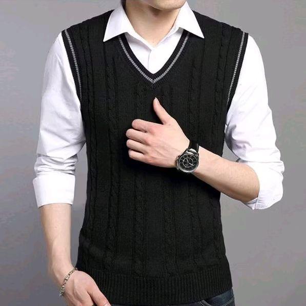 Rompi Pria Rajut Casual Keren Musim Suhu Dingin Kantor Semi Formal Vest Bahan Knitting Benang Halus 