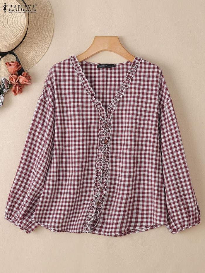 2025 ZANZEA Women Autumn Plaid Cheeked Blouse Casual V Neck Long Sleeve Tops Stylish Ruffled Work Sh