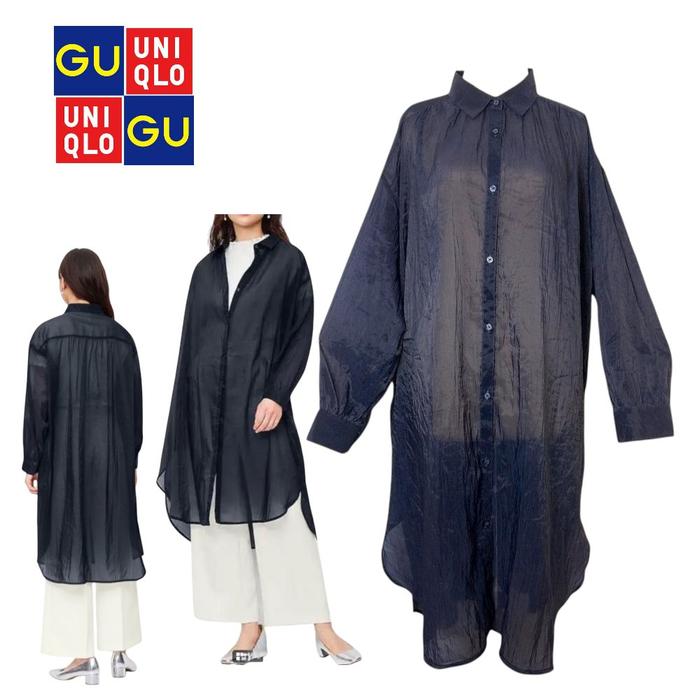 GU Global Uniqlo No Iron Oversized Long Shirt/Midi Dress See-Through Long Sleeve in Dark Blue Size M