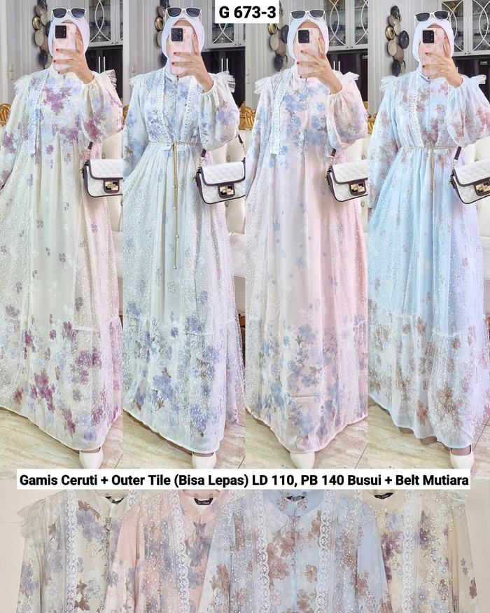 Gamis Fashion Wanita Terbaru / Gamis Set Outher Brokat Tille / Gamis Ceruty Full Furing