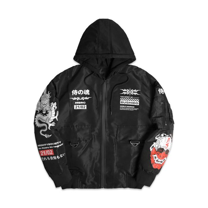 Jaket Bomber Hoodie Hitam Zipper Waterproof Full Sablon Bushido Series