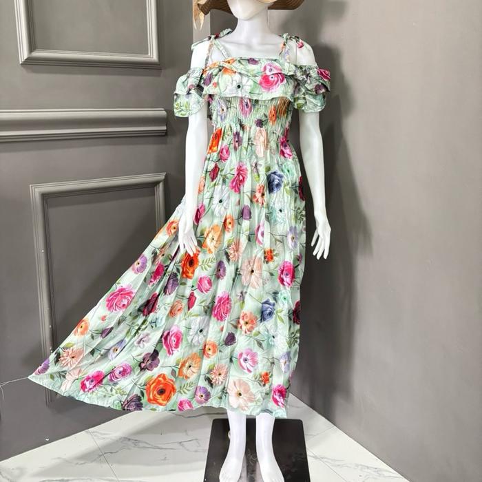 Dress sabrina panjang bahan rayon Bali Casual Nyaman Serut Wanita Gaun Santai