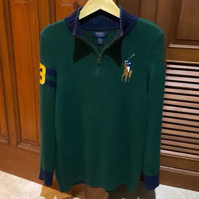 Quarter Zipper Halfzip Polo Ralph Lauren Green Big Logo Hijau size M