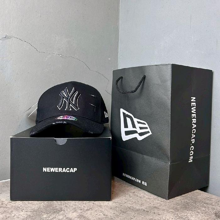 Topi Baseball MLB Caps New Era Hat Logo NY Ripped Sobek 946AF Hitam list Putih Topi New Era Baseball