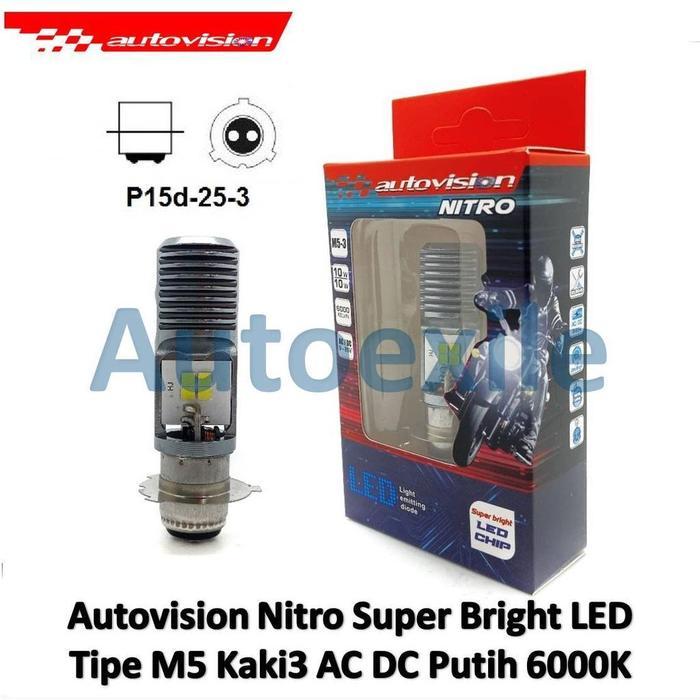 AUTOVISION NITRO SUPER BRIGHT LED H6 M5 KAKI3 P15D-25-3 AC DC WHITE PUTIH 6000K M5-3 ORIGINAL LAMPU