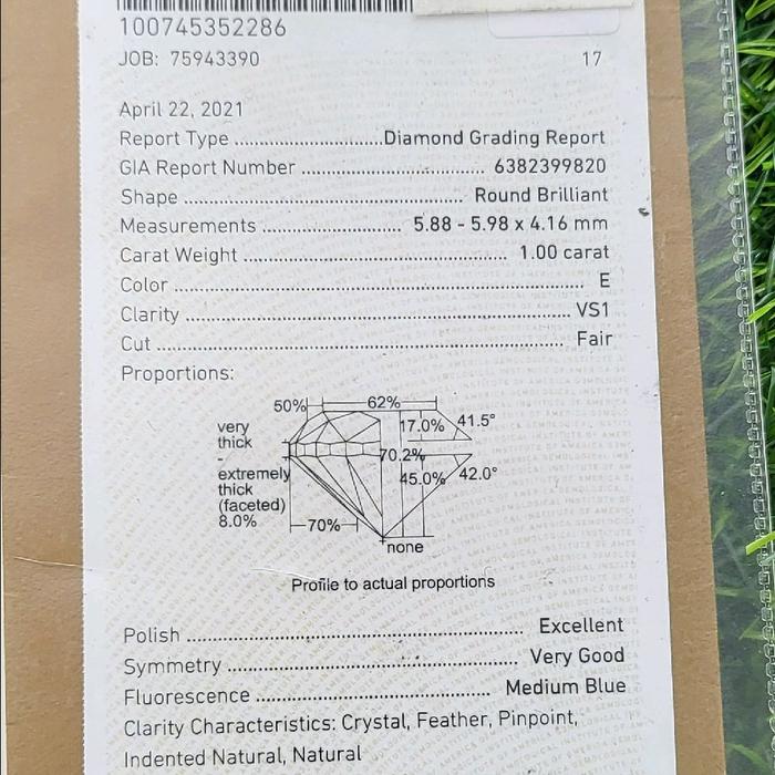 Natural Round cut Brilliant Diamond/Berlian Putih E -VS1 : 1.00ct (GIA :6382399820)