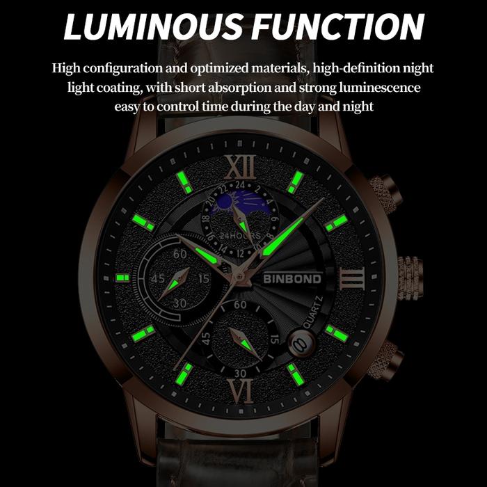 BINBOND Men Watch Sports Waterproof Watch Comfort Leather Strap Quartz Watch