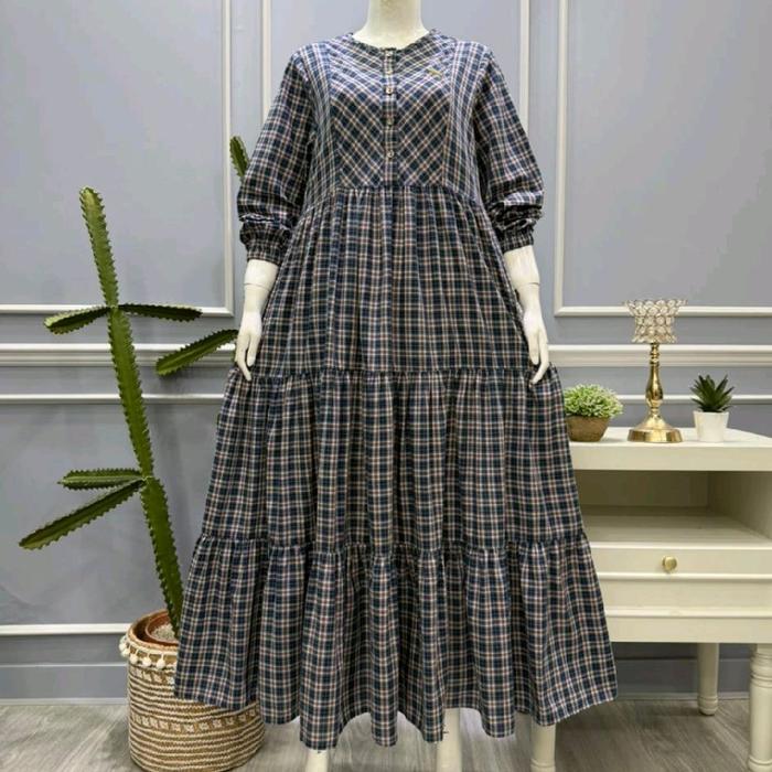 Midi Salvina Motif Kotak Susun Dress Wanita Plaid Long Dress
