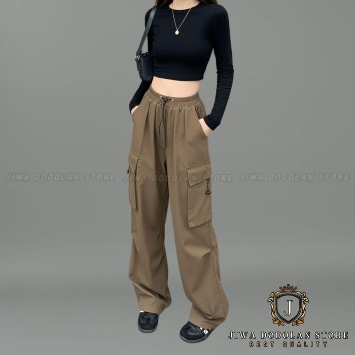 JIWA DODOLAN SHOP - CELANA CARGO WANITA HIGHWAIST LOOSE PANTS TROUSER KOREAN STYLE - CELANA GUNUNG W