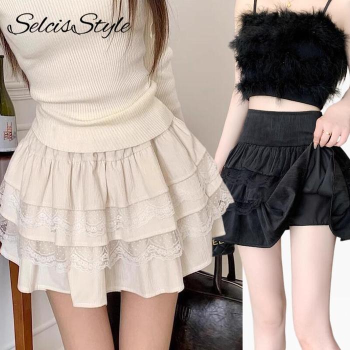 SelcisStyle S~2XL Rok Cake Pendek High Waist Renda Layer(Pinggang Elastis) Rok Mini Korea Style