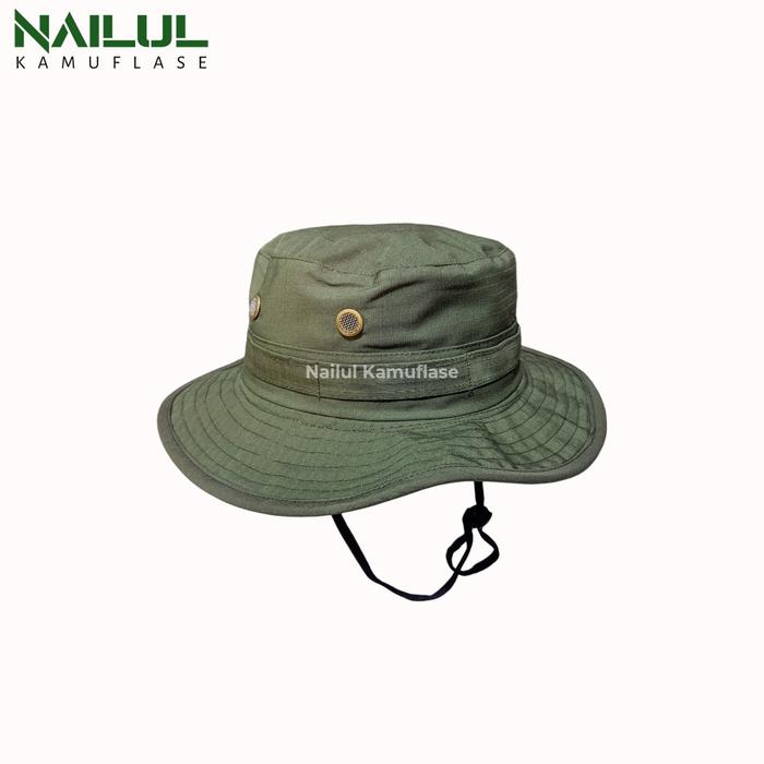 Topi Rimba Eyelet Hijau Army Premium Outdoor dari Kain Ripstop Serat Kotak-kotak untuk Aktivitas Out