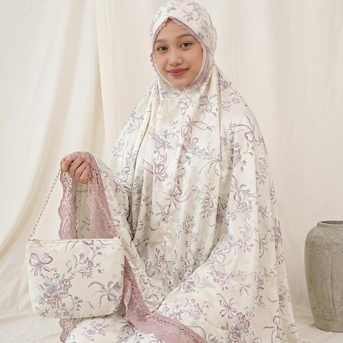 Mukena Sutra Premium Silk 2 in 1 Brukat Mewah Renda Strecy Lembut Adem Jumbo Praya Scarf Motif Pita 