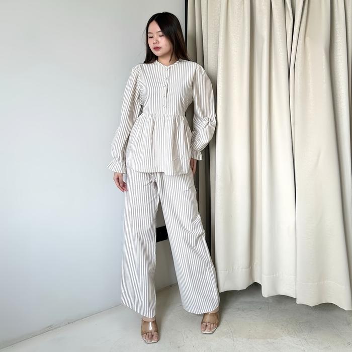 Lulu One set  From P&P Coksu , setelan baju dan celana panjang Salur Wanita Kekinian Berbahan Katun 