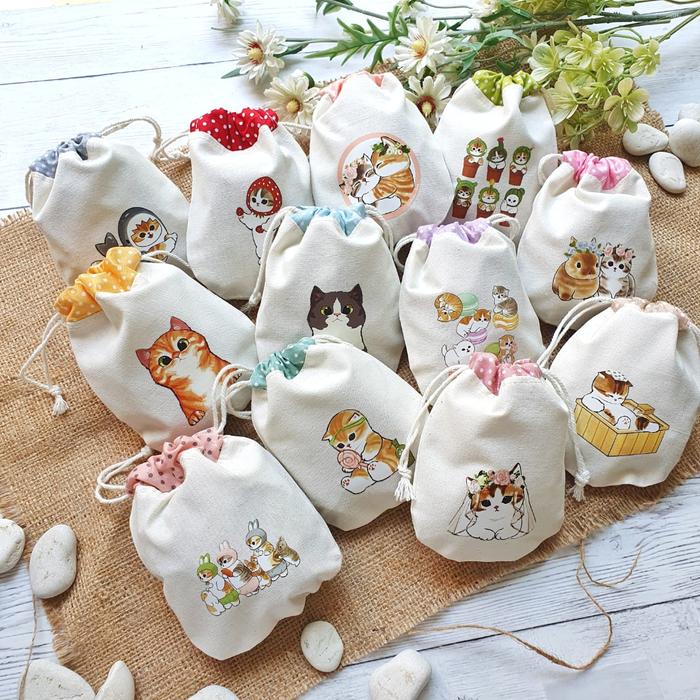 Pouch Serut Blacu Mini Dompet Kantong Kain Kecil Mofusand Fuku Fuku Naynko Kucing Kitten Cat Koin Ma