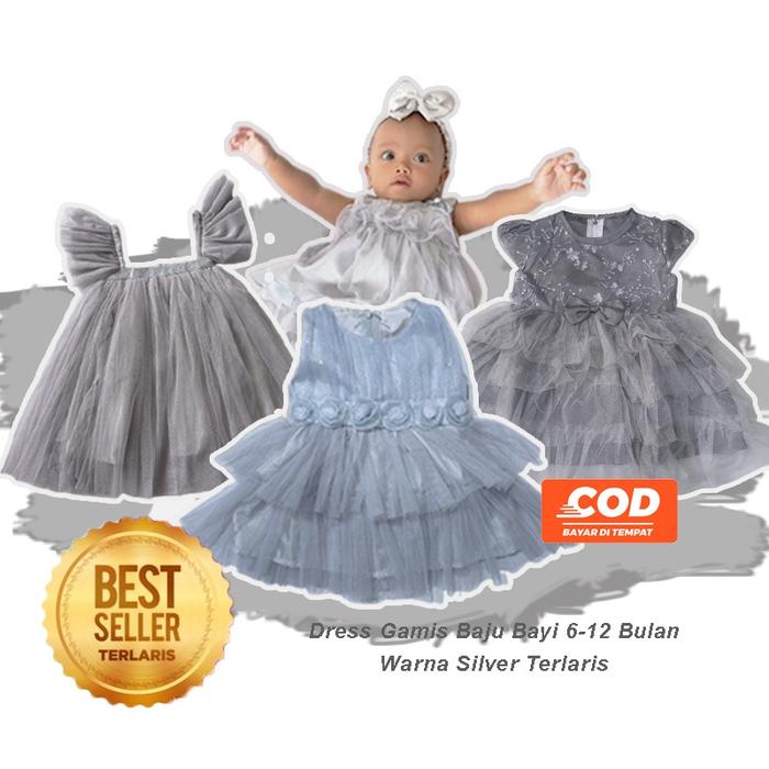 Baju Warna Abu abu Anak Perempuan 6 12 Bulan Dress Rok Tutu Import Gaun Bayi Warna Abu abu Silver Pe