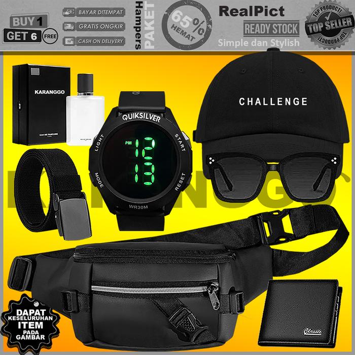 Quiksilver Paket Keren Fashion Pria Bundling 7in Jam Tangan Digital LED Tas Pinggang Topi Dompet Sab
