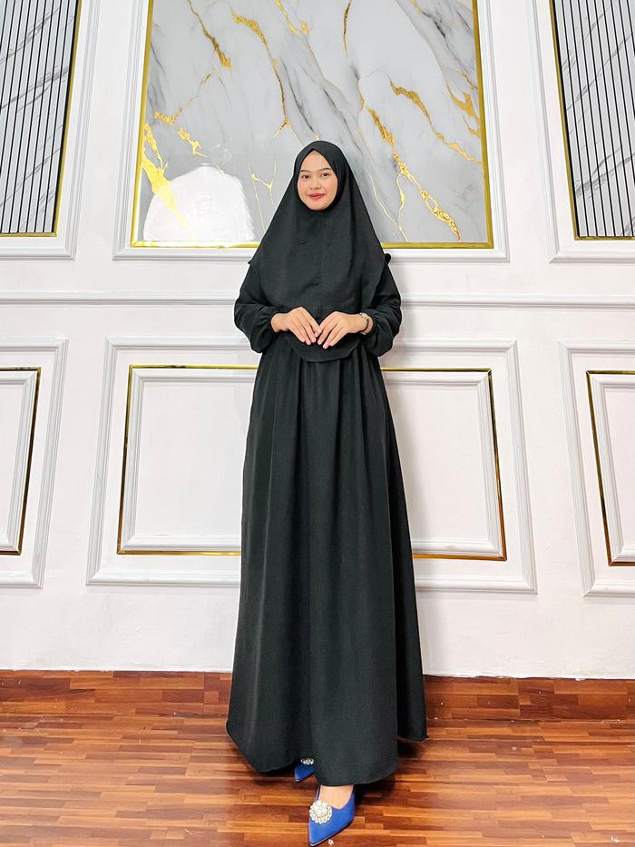 Gamis polos syari kringkel hitam putih premium dewasa