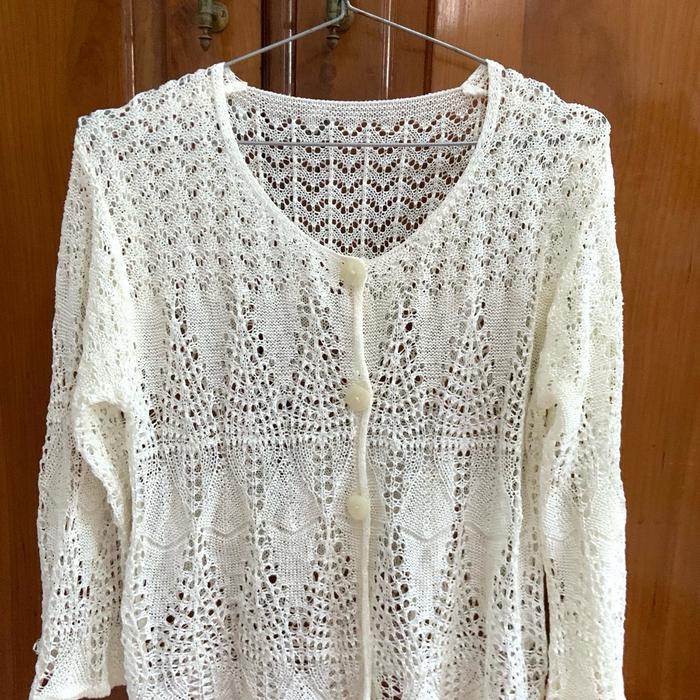 Cardigan Jaring Putih Outer Wanita Atasan Panjang Knitwear