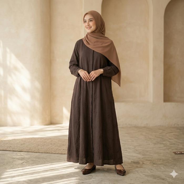 Gamis Katun Linen Bordir Bunga Timbul Premium by Kinaro