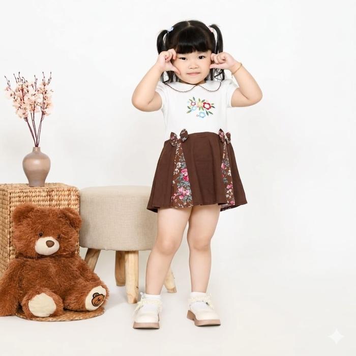 NAS Kids Baju Anak Perempuan Dress Bahan Kaos Katun Lengan Pendek Bordir Bunga Pita Motif Etnik Kera