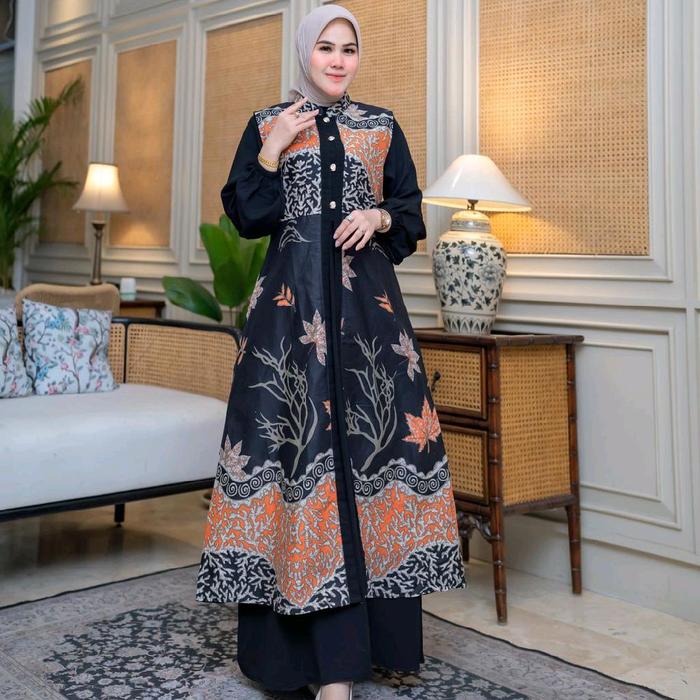 Batik Wanita Lengan Panjang Rompi Pisah dengan Desain Unik dan Warna Menarik Gamis Nyaman Katun Musl