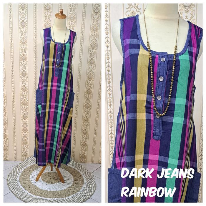Overall / Gamis / Maxy kensi Tanpa Lengan Jeans Wash aplikasi  all size fit to S.M.L.XL