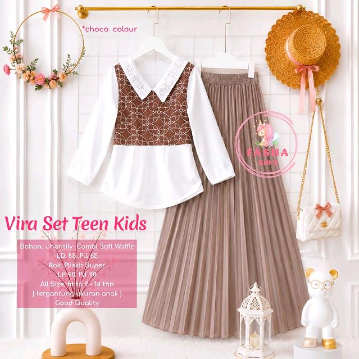 Vira Set Teen Kids Oneset Baju Setelan Rok Panjang Plisket Anak Tanggung Remaja Nyaman