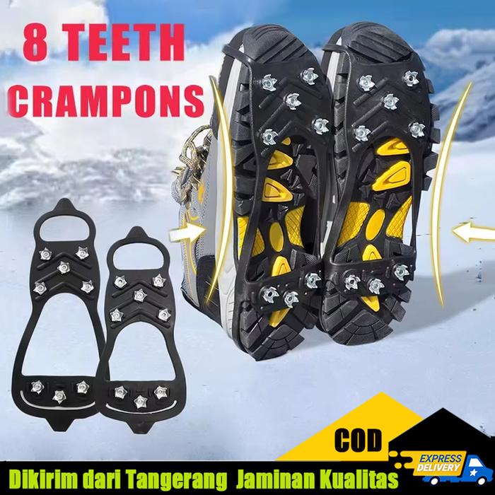 Alas Sepatu Anti Slip 8 Gigi Paku Salju Mendaki Outdoor Silikon Baja Mangan Hitam M 265*113mm L 267*