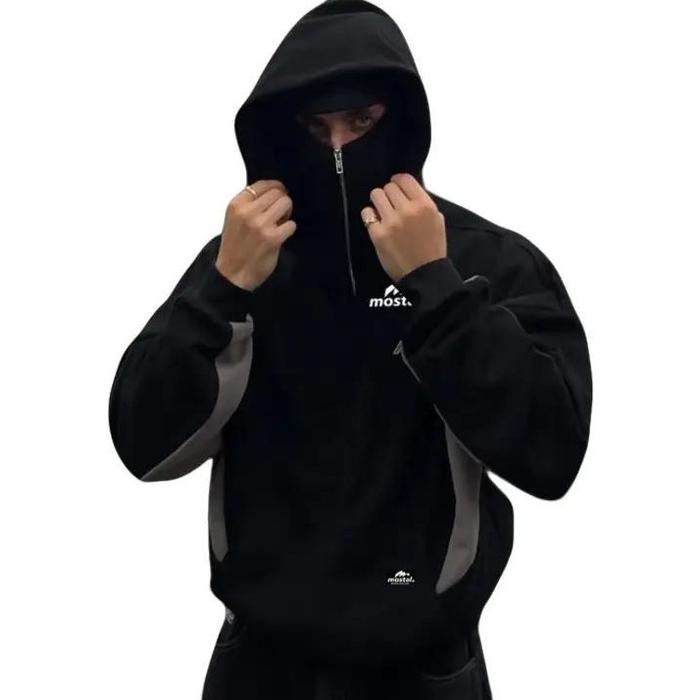 Mostal Jaket Hoodie Ninja Balaclava Half Zipper Fleece Tebal Motif Full Polos Dewasa Remaja Casual K
