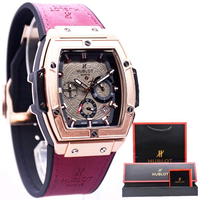 Hublot Jam Tangan Pria Sporty Rose Gold Chronograph Tali Kulit Merah Mewah & Stylish Elegan