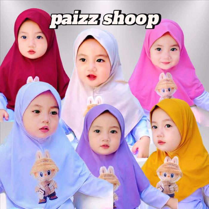 Hijab Anak Balon Spandex Premium Karakter Labubu Pink Variasi Pita - Jepang, Mukena, Baju, Gamis, Se