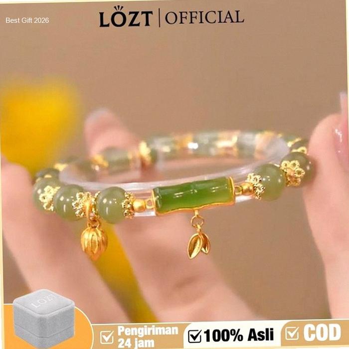 【100% Asli】LOZT Gelang Bambu Lapis Emas 24k Gelang Giok Wanita Asli China Gelang Giok Hijau Asli Gel